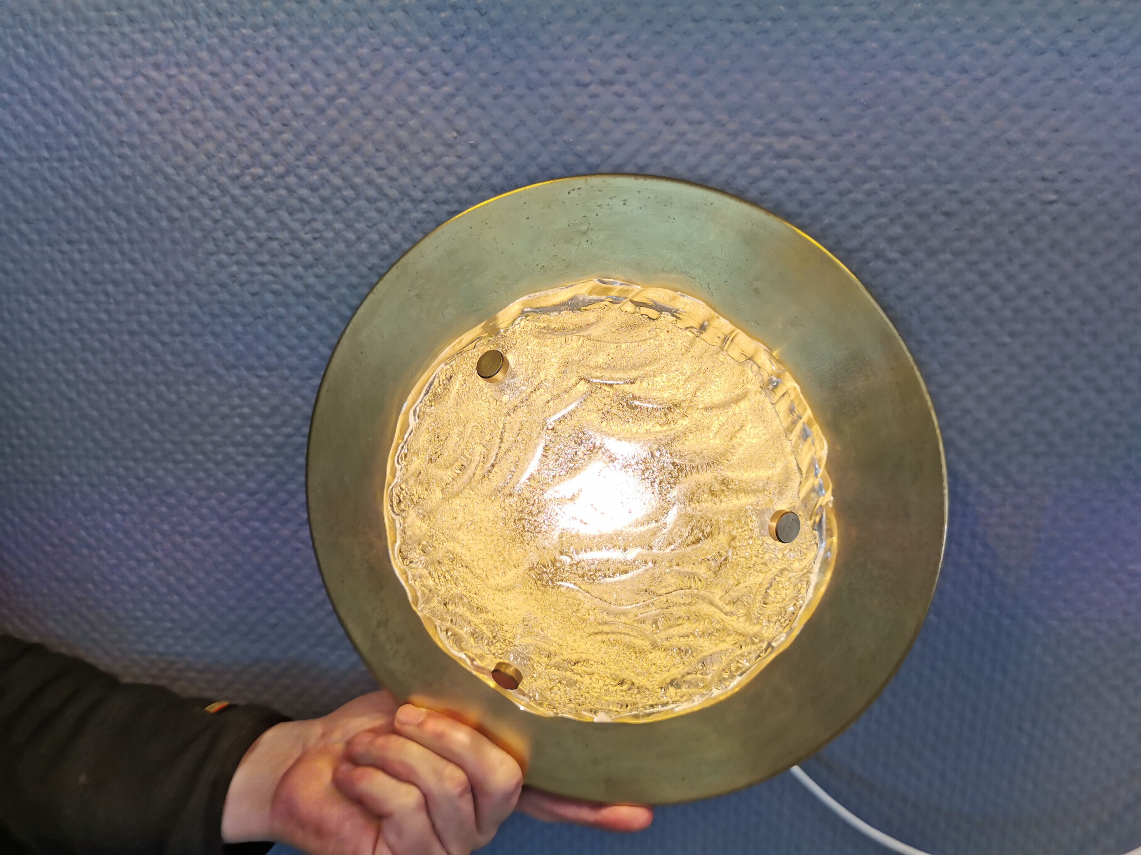 Wall/ceiling lamp, made in brass and white lacquered metal with frosted solid glass shade