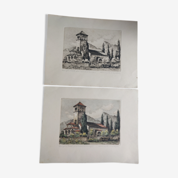 Lot de 2 gravures originales de Marcel Bessan chapelle Saint Flavien à Fos