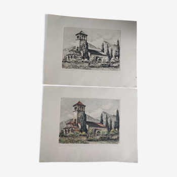Set of 2 original engravings by Marcel Bessan chapel Saint Flavien in Fos