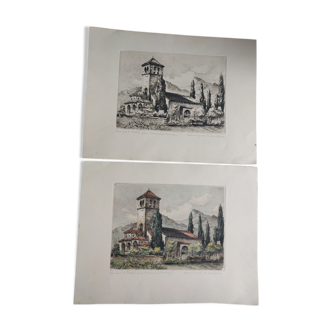 Set of 2 original engravings by Marcel Bessan chapel Saint Flavien in Fos