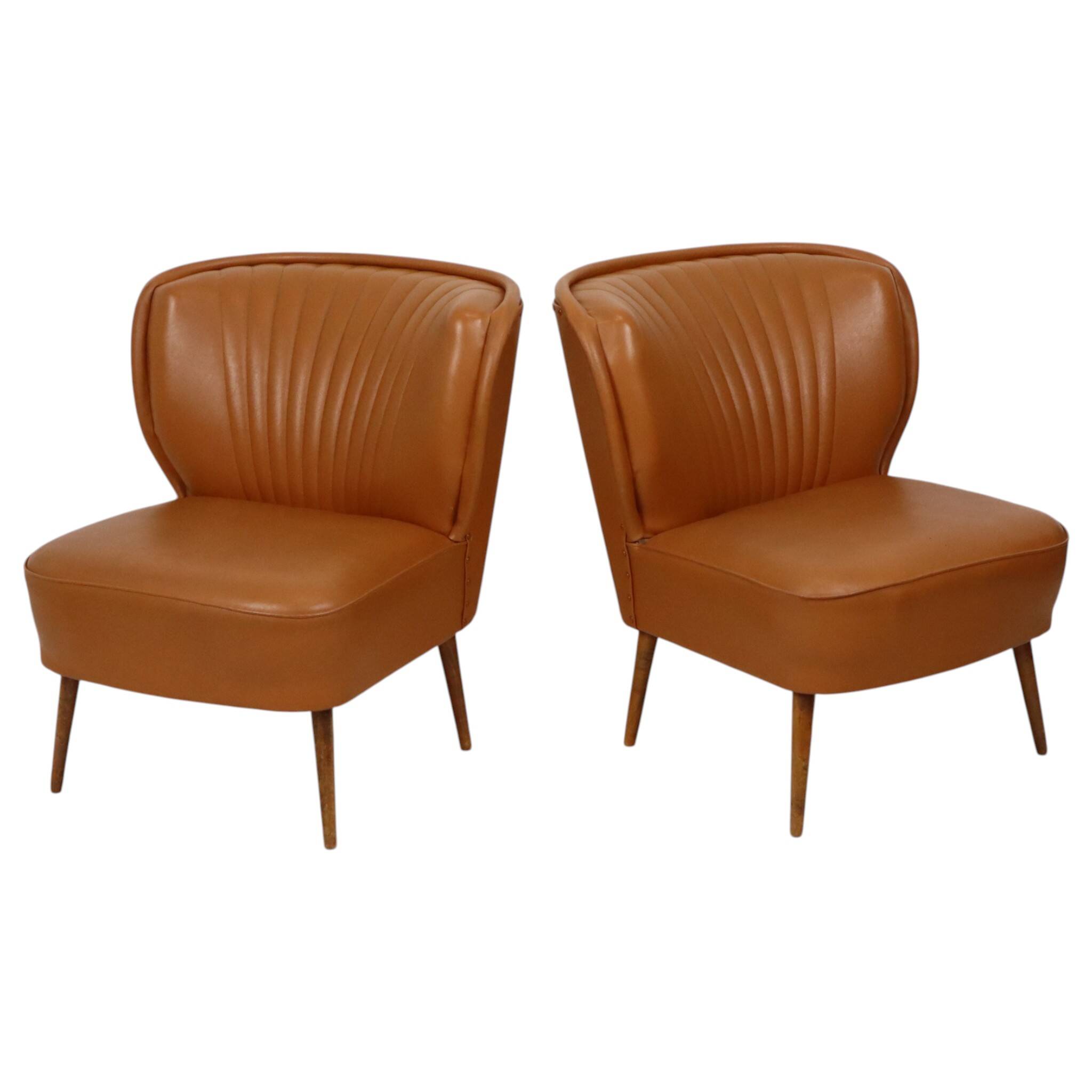 Pair of Vintage Expo 58 Cocktail Chairs, Cognac Faux Leather, Sixties