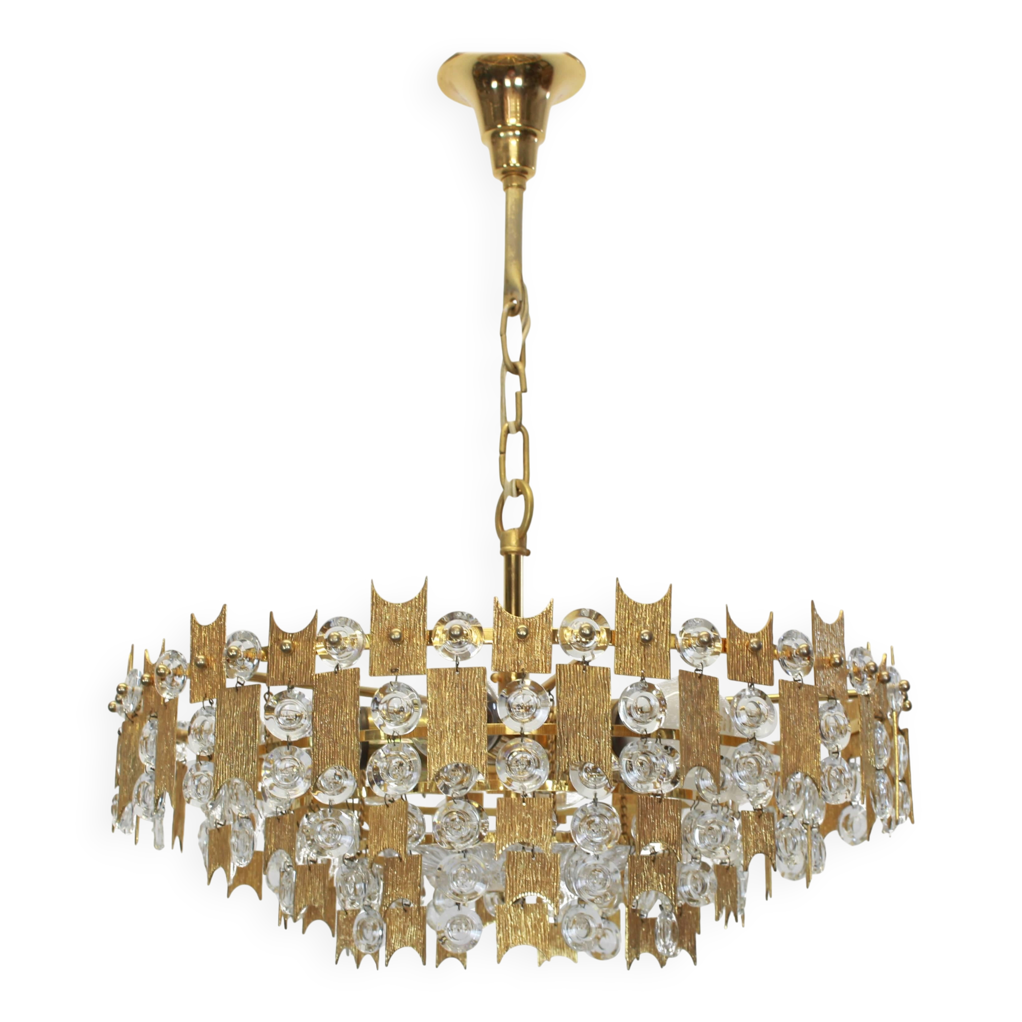 Chandelier in gilded brass and crystal - Palwa - Germany, 1960s