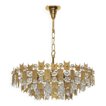 Chandelier in gilded brass and crystal - Palwa - Germany, 1960s