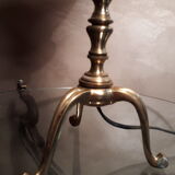 Lampe tripode bronze doré, tulipe pate de verre orange et bleu