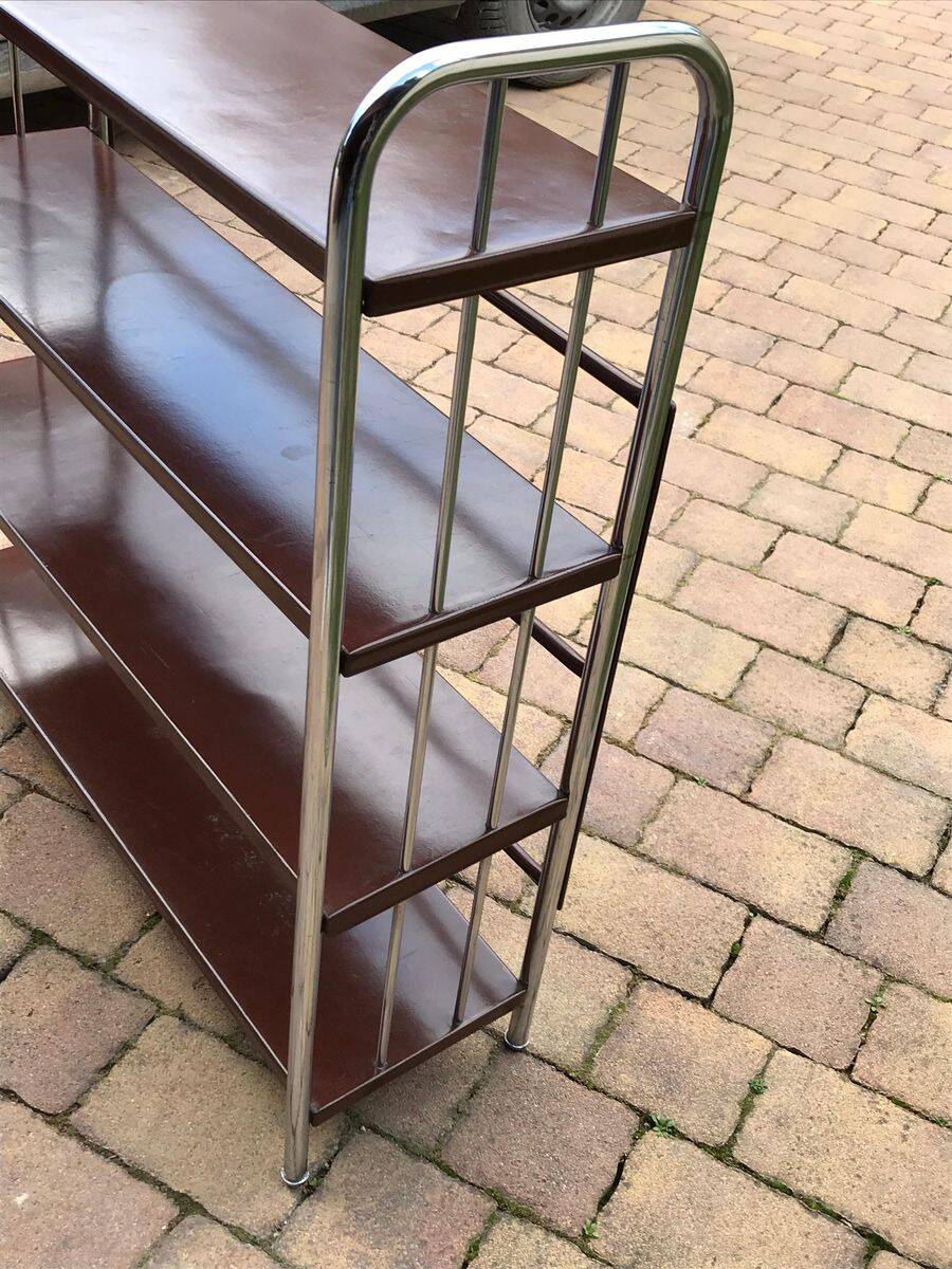 Brown metal Bauhaus industrial bookshelf, 4 shelves, 1920s Czech Republic