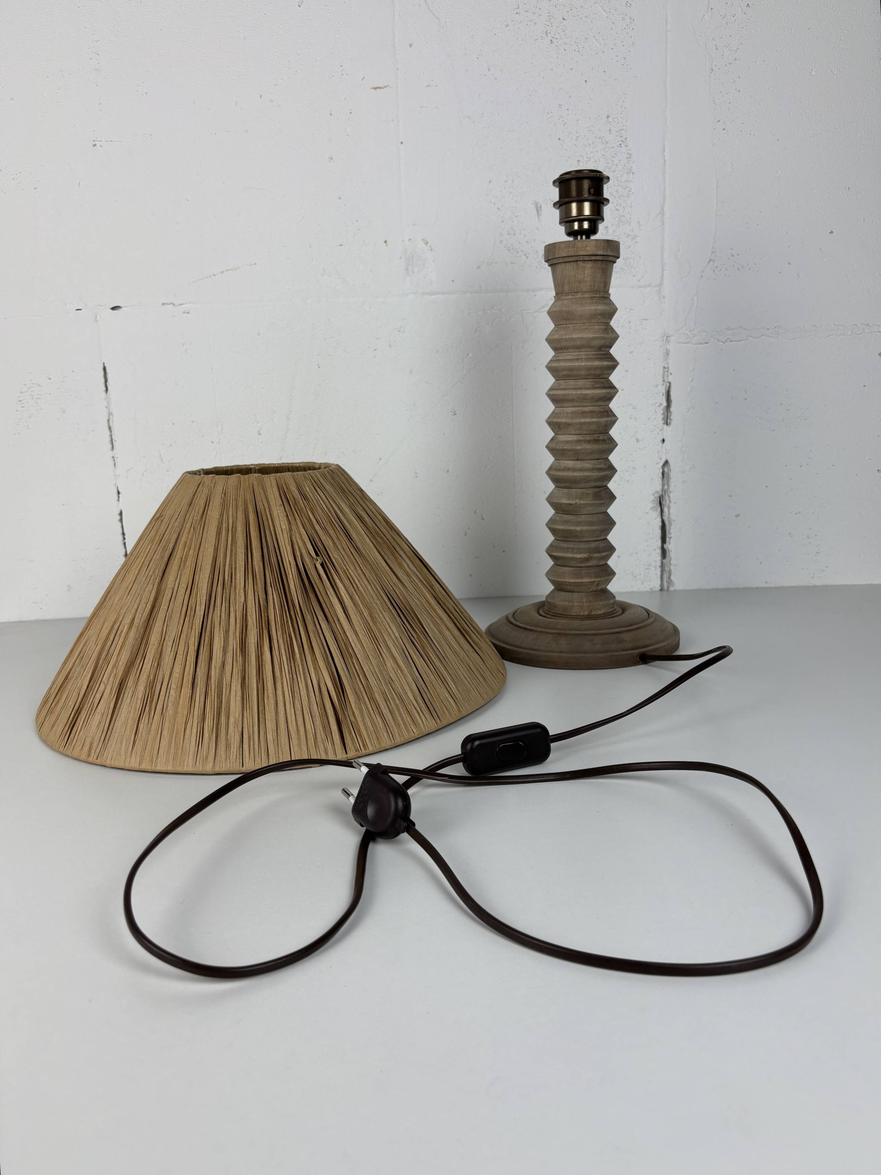 Wabi sabi brutalist wood turned table lamp in the style of Charles Dudouyt