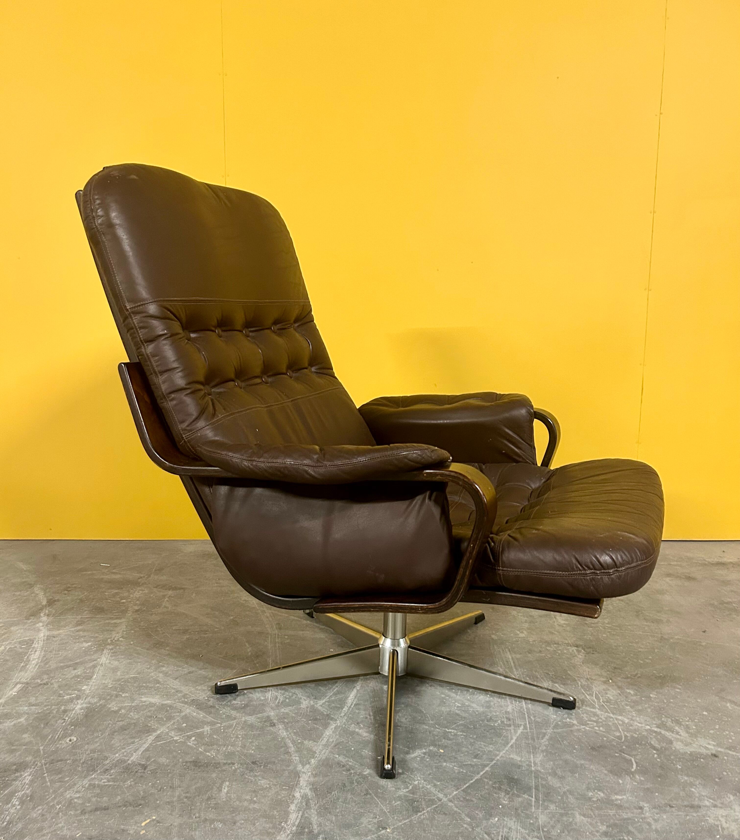 Scandinavian brown leather  swivel chair 1960s