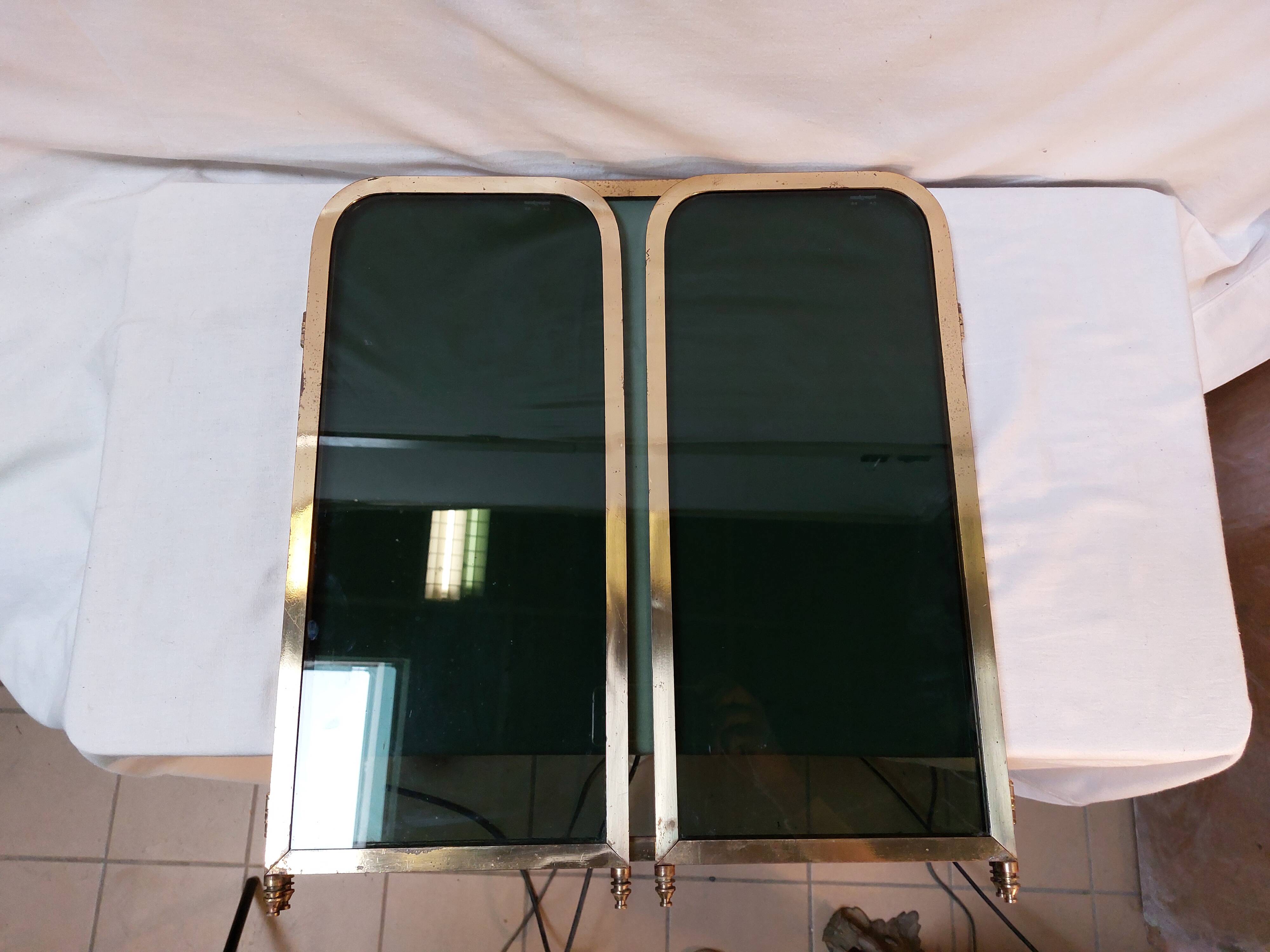 Vintage fireplace screen in smoked glass and gold-tone metal