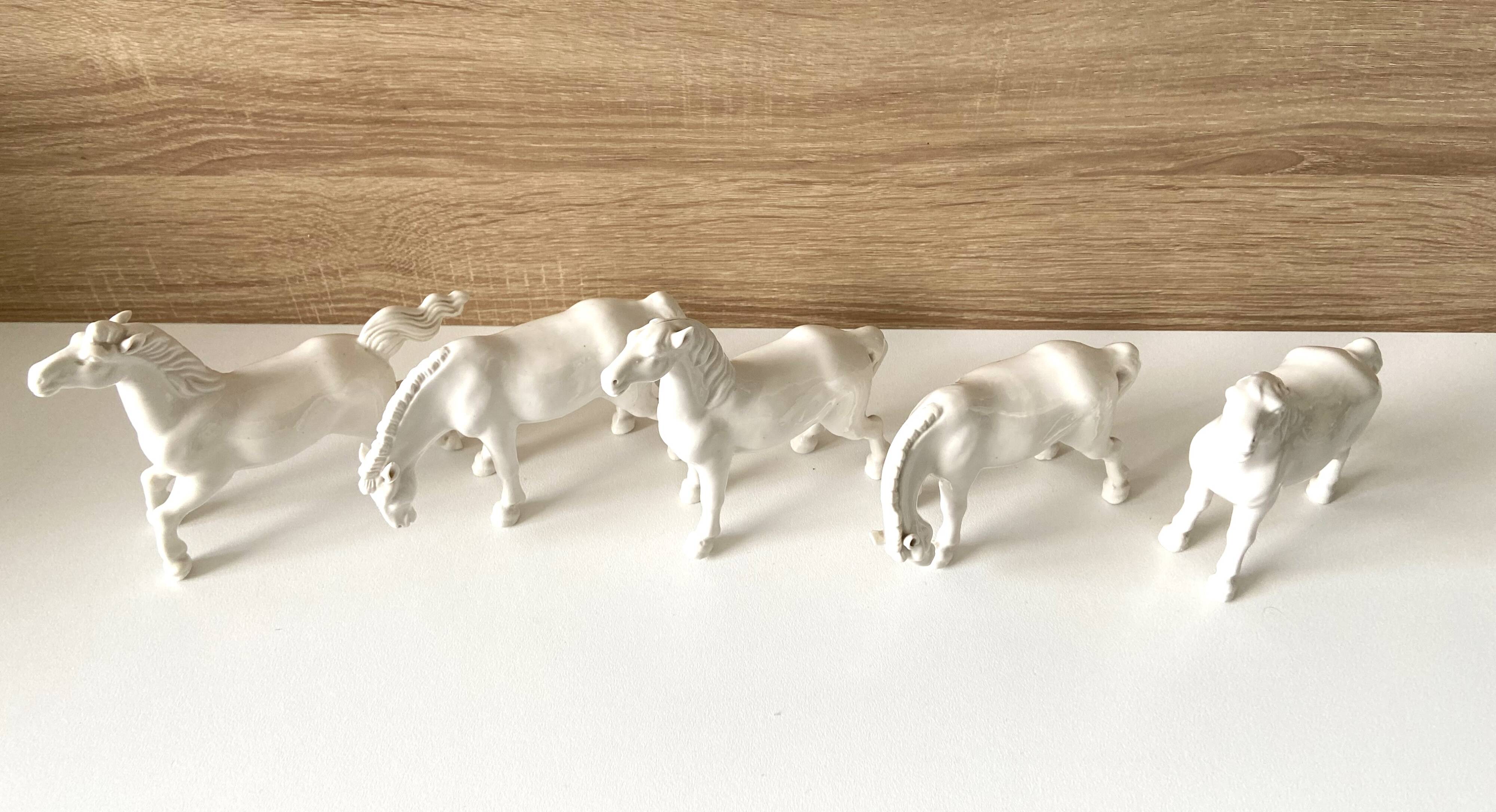 5 White Porcelain Glazed Horses of Happiness Figurines Statuettes
