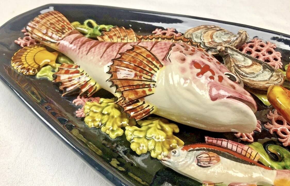 Large Vallauris slip dish 57x25 cm lobster fish