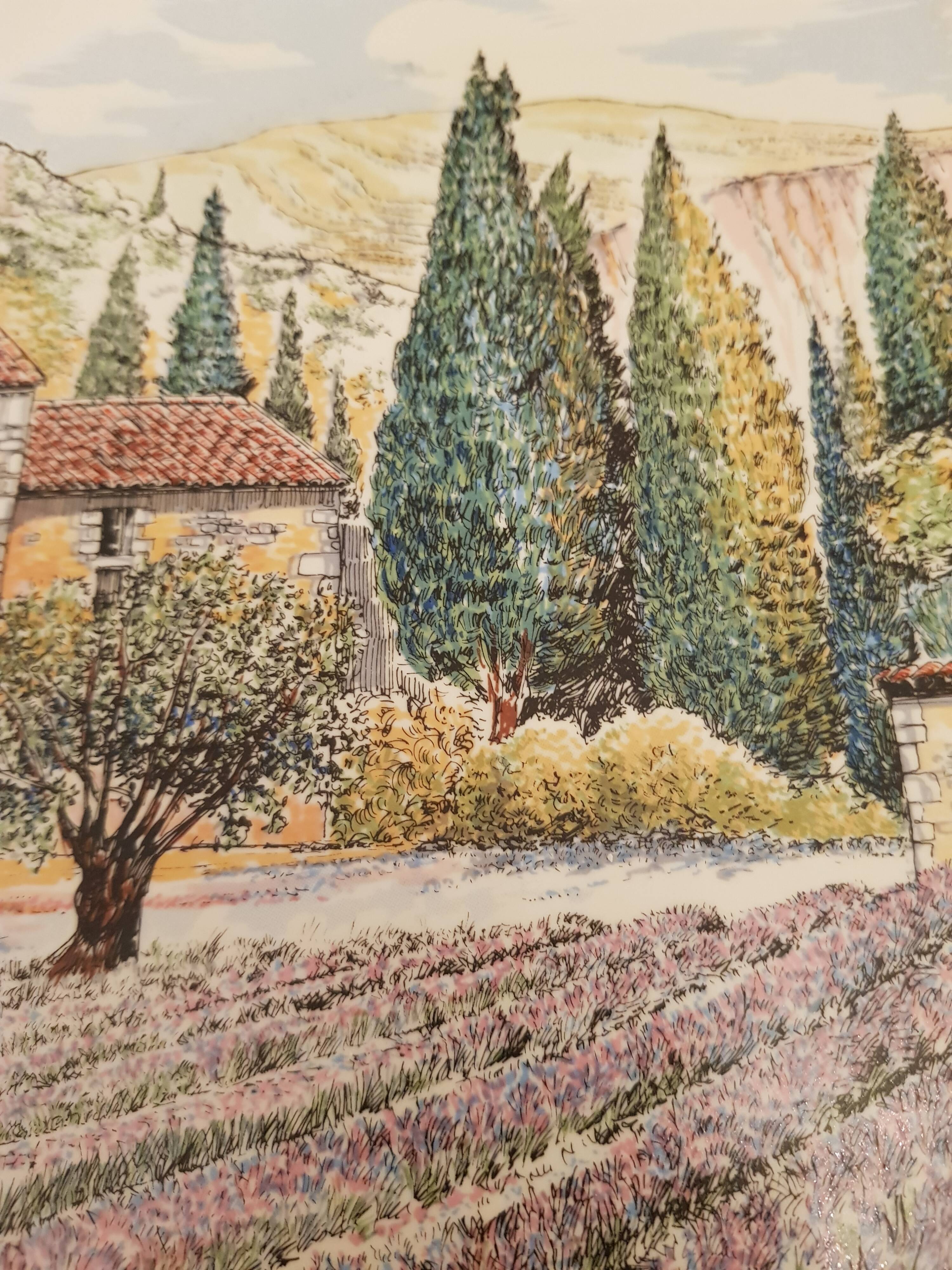 Decorative flat plate in Castelroux porcelain. Provencal scene, Landscape of Provence France
