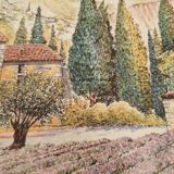 Decorative flat plate in Castelroux porcelain. Provencal scene, Landscape of Provence France