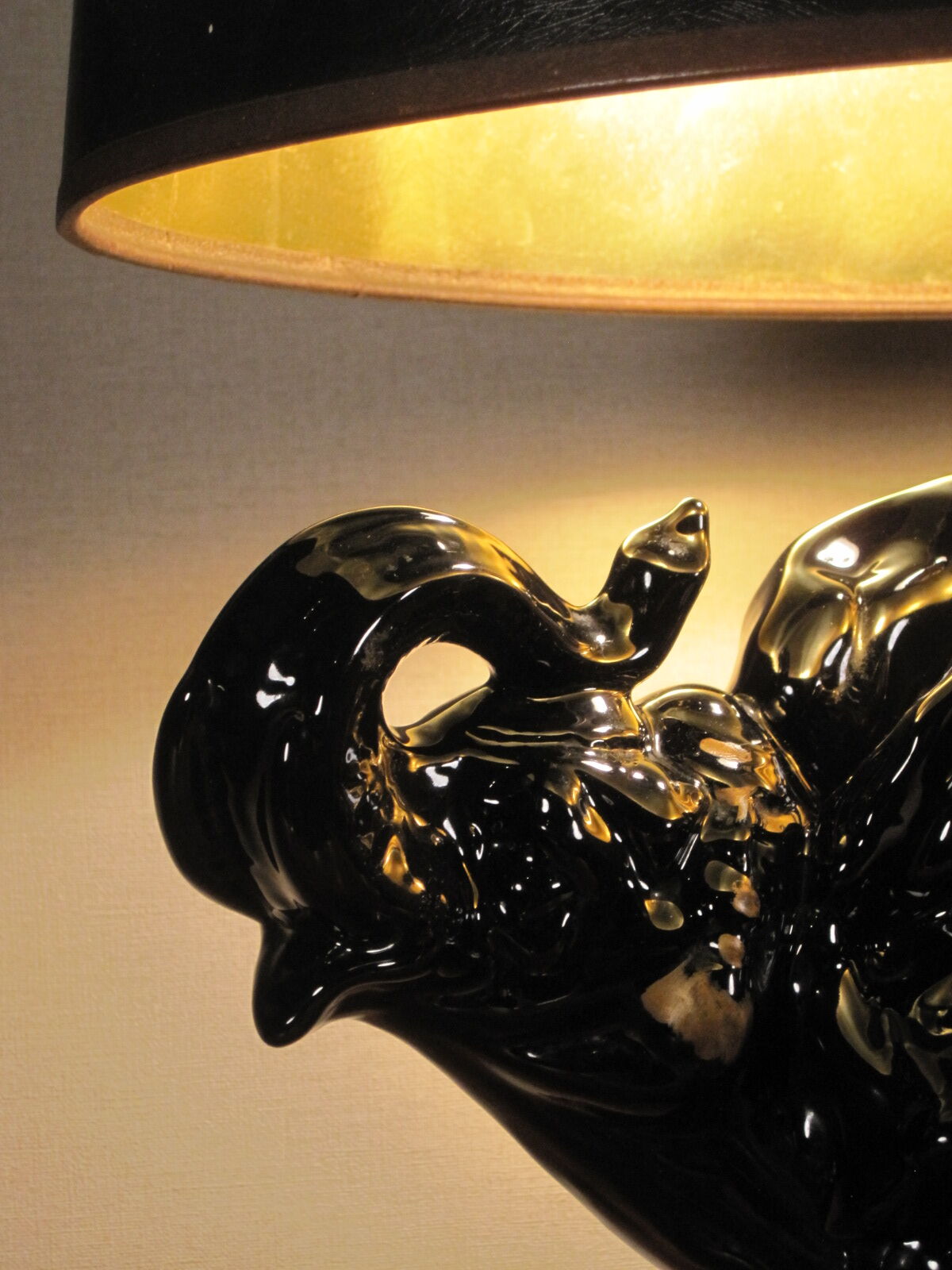 black enamelled ceramic and gold gilding elephant lamp 1950s