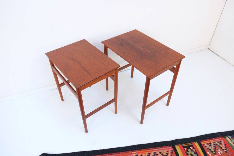 Mid-century side tables and nesting tables, in Wegner Tuck teak, Danish style.