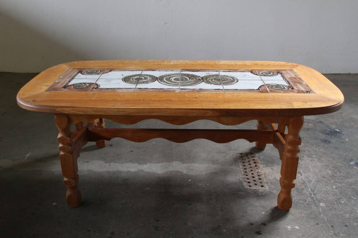 Vintage Danish brutalist oak & tile coffee table in the style of Henning Kjærnulf, 1960s