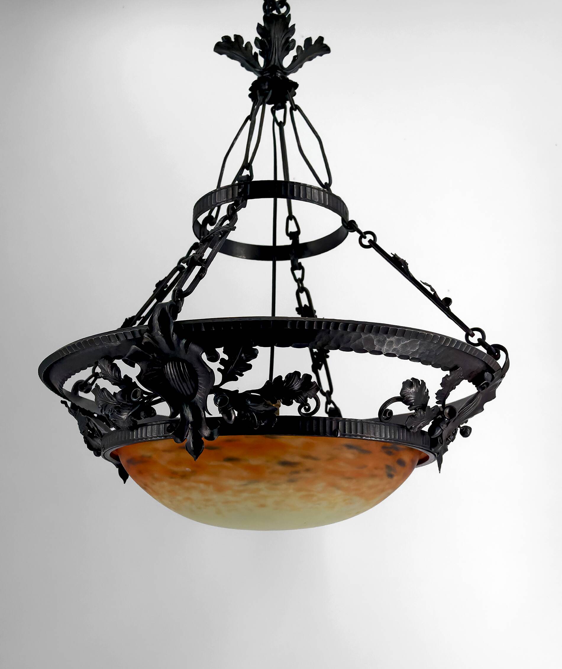Wrought Iron and Glass Paste Pendant Light, Art Nouveau / Art Deco, Early 20th Century