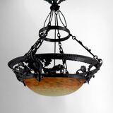 Wrought Iron and Glass Paste Pendant Light, Art Nouveau / Art Deco, Early 20th Century