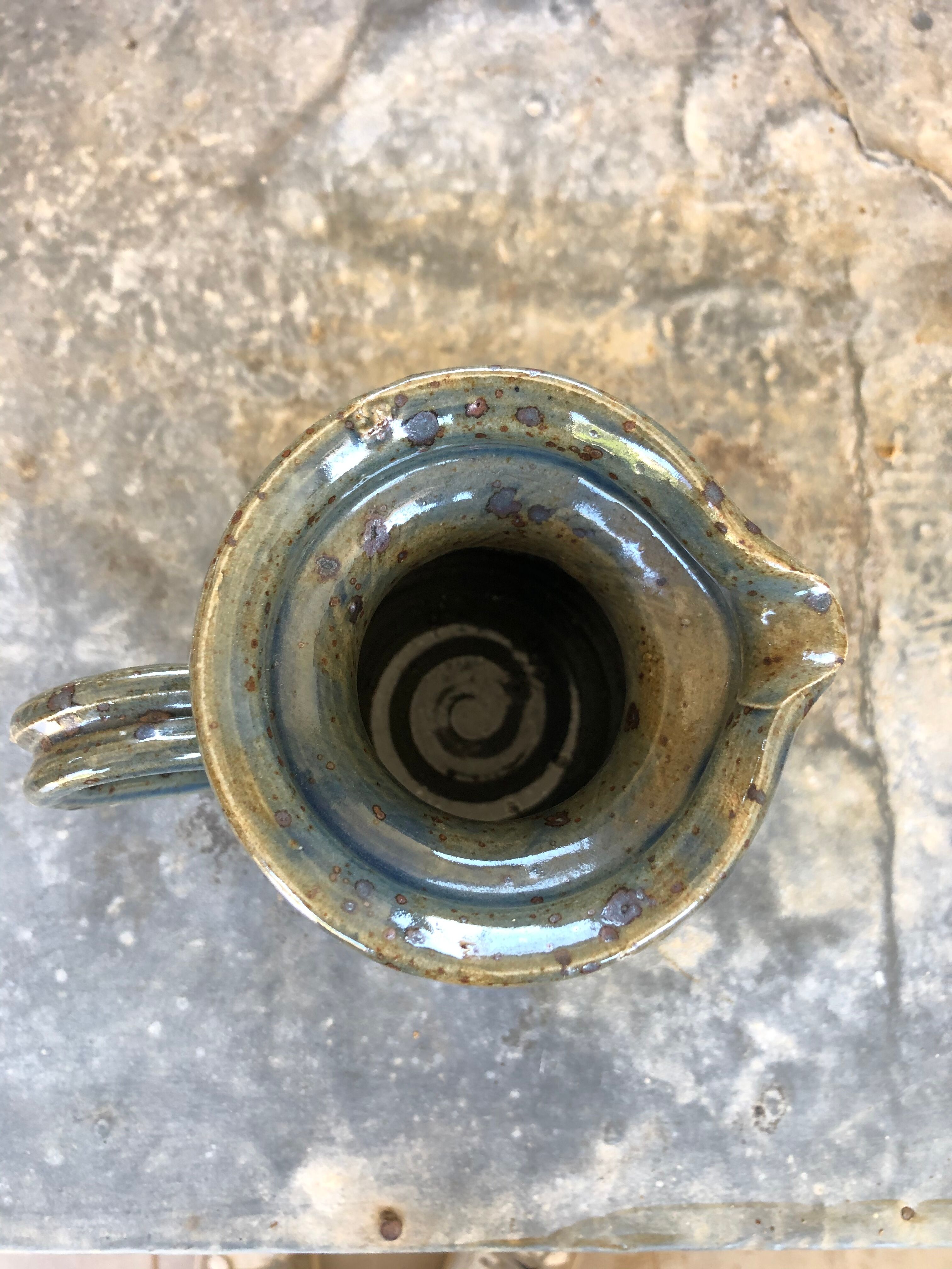 Handmade 70s-original blue enamelled sandstone pitcher