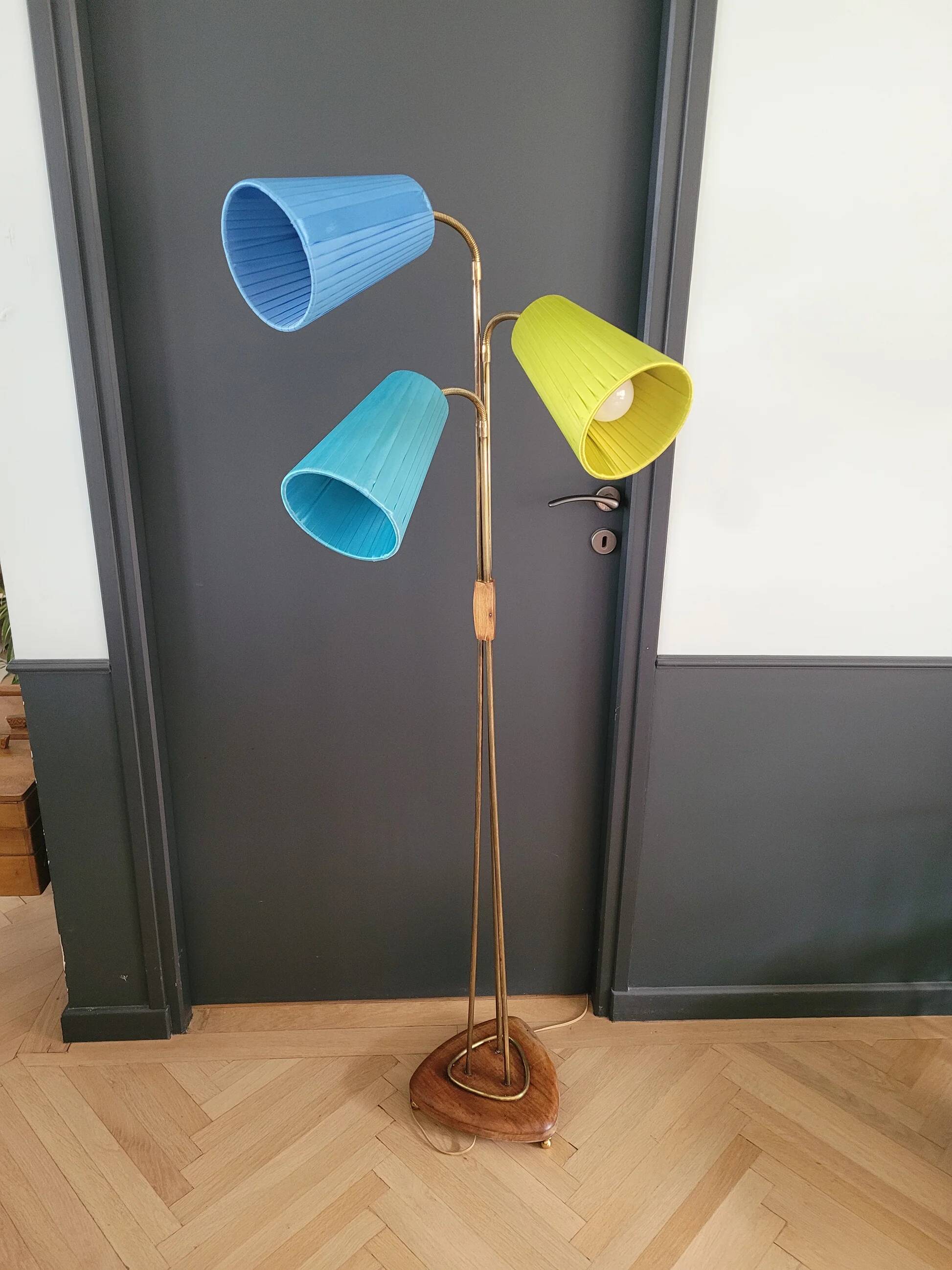 1950s three-light floor lamp with coloured shades