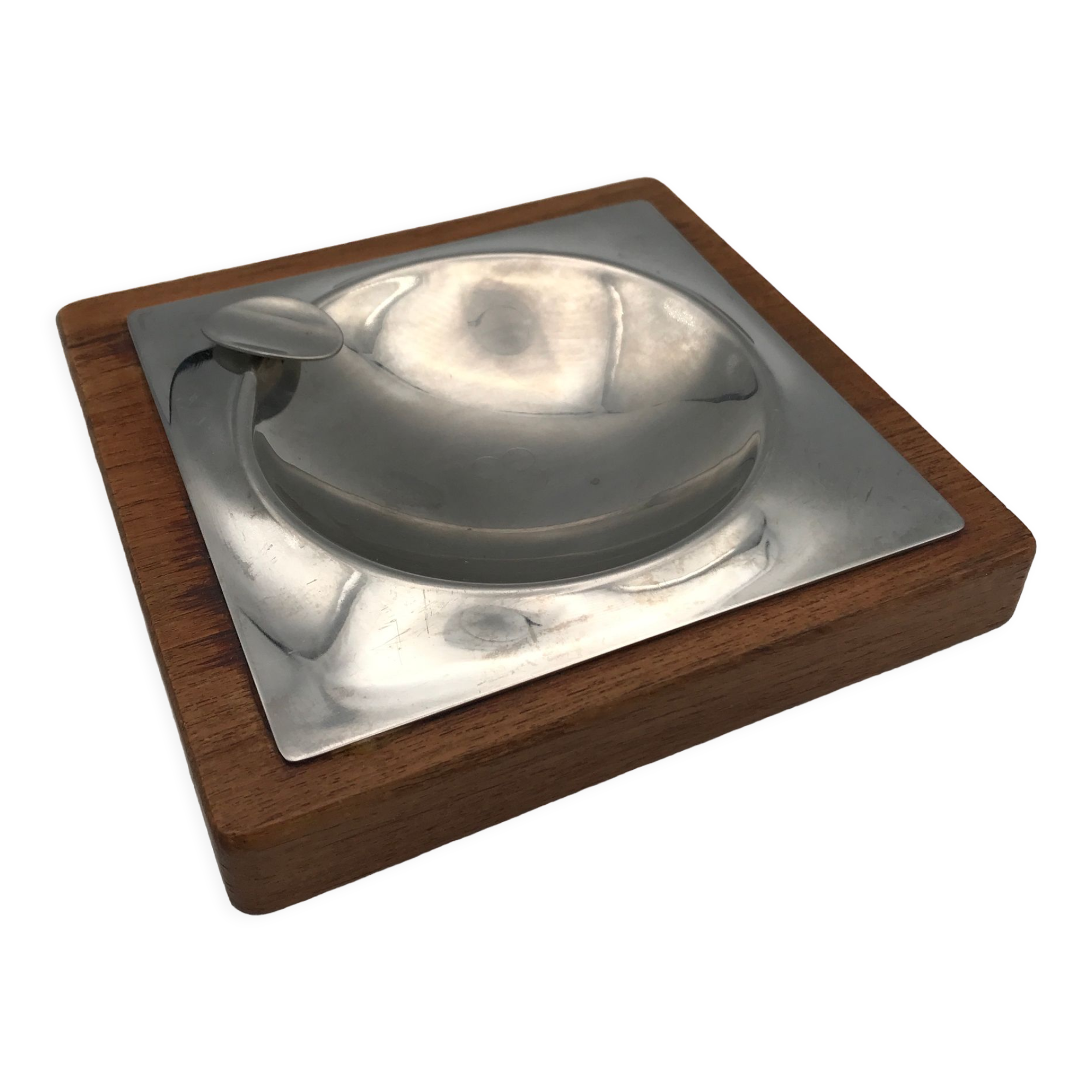 Cendrier design moderniste en bois et métal inox 16 x 16 cm