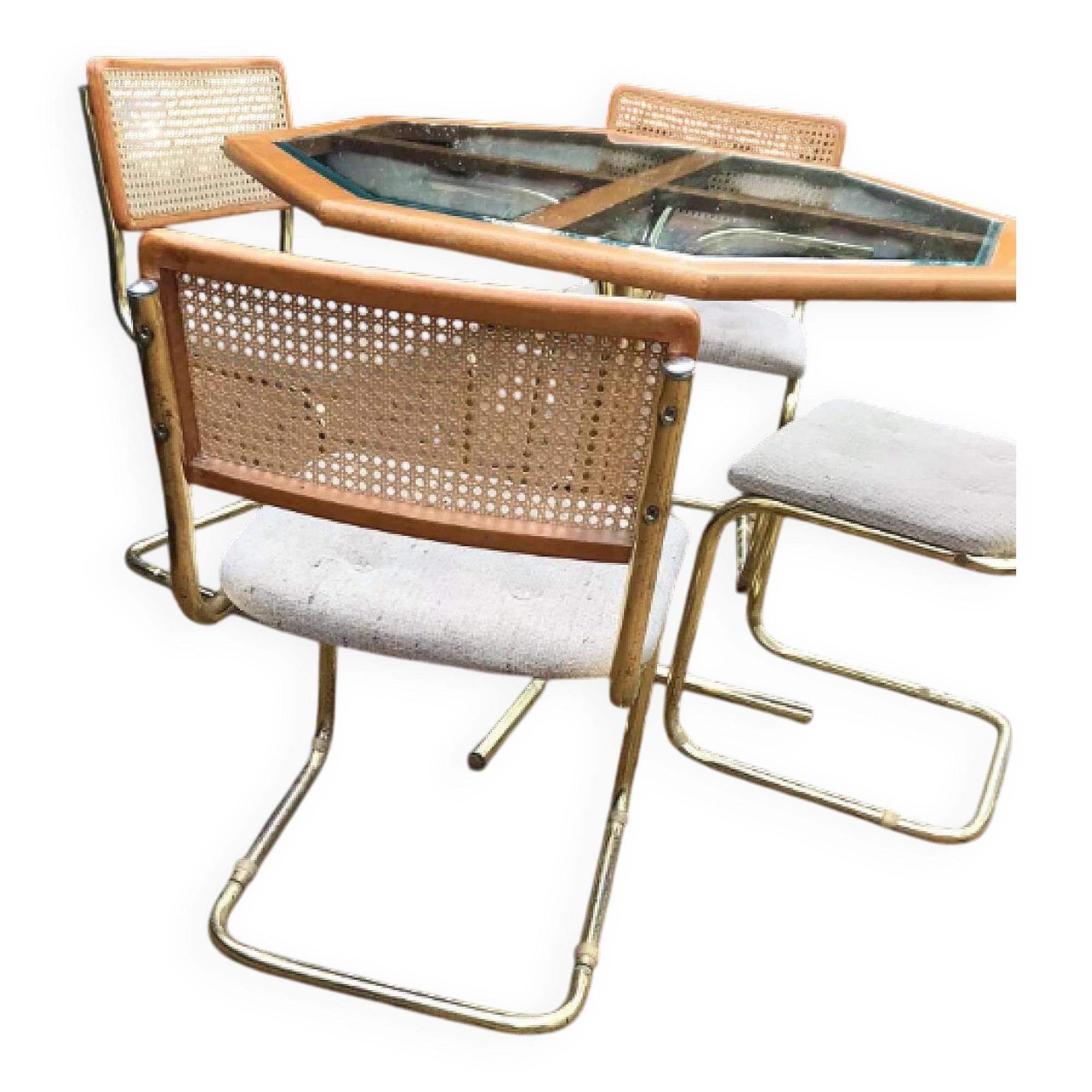 Octagonal brass and glass dining table with 4 chairs, 1960s