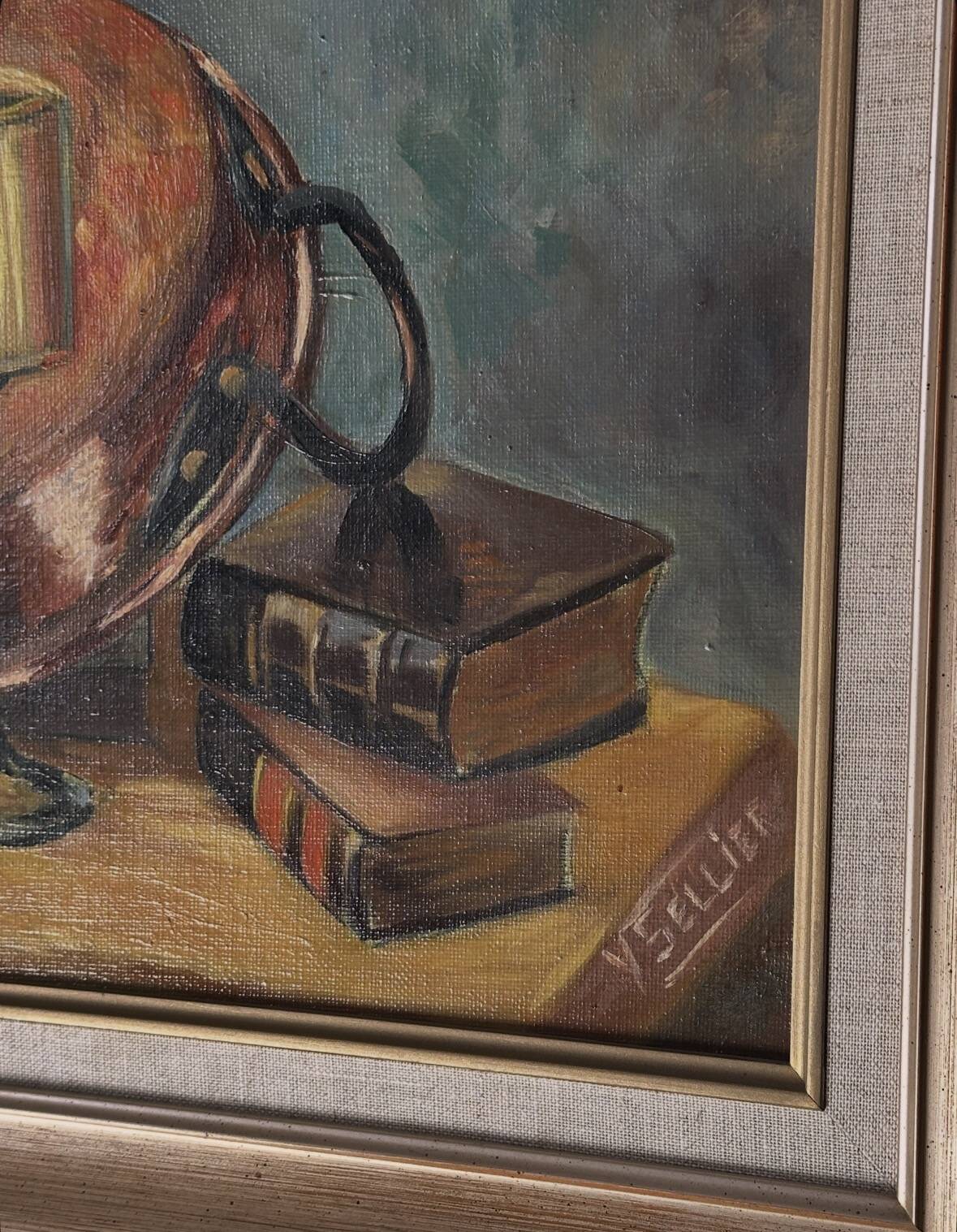 Framed oil on canvas – Still life with lamp, Yvonne Sellier