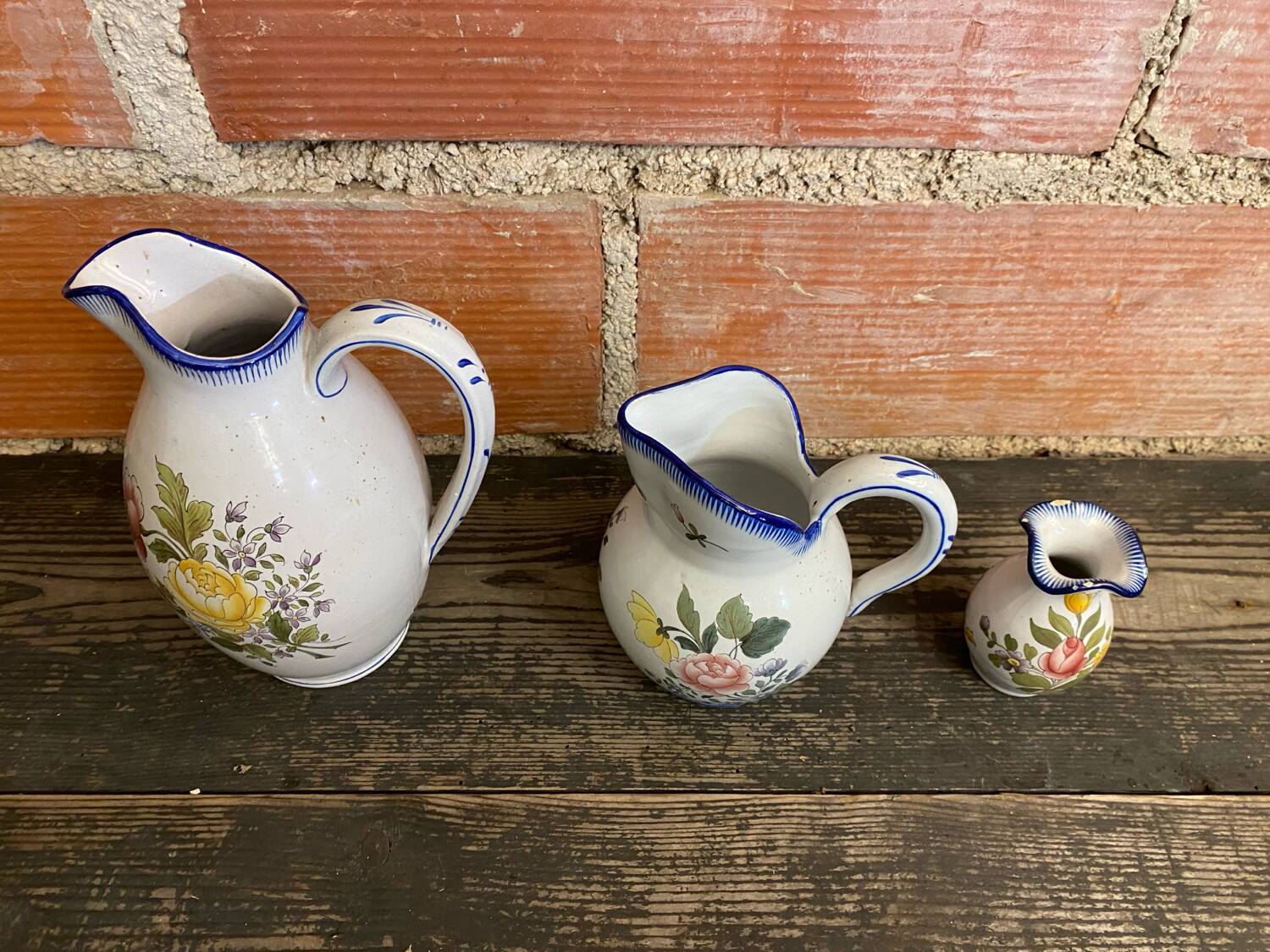 Pair of pitchers + vase charolles vintage painted earthenware