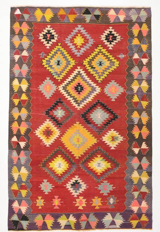 Tapis Kilim vintage en laine rouge clair et jaune 5x8, 155x245 cm