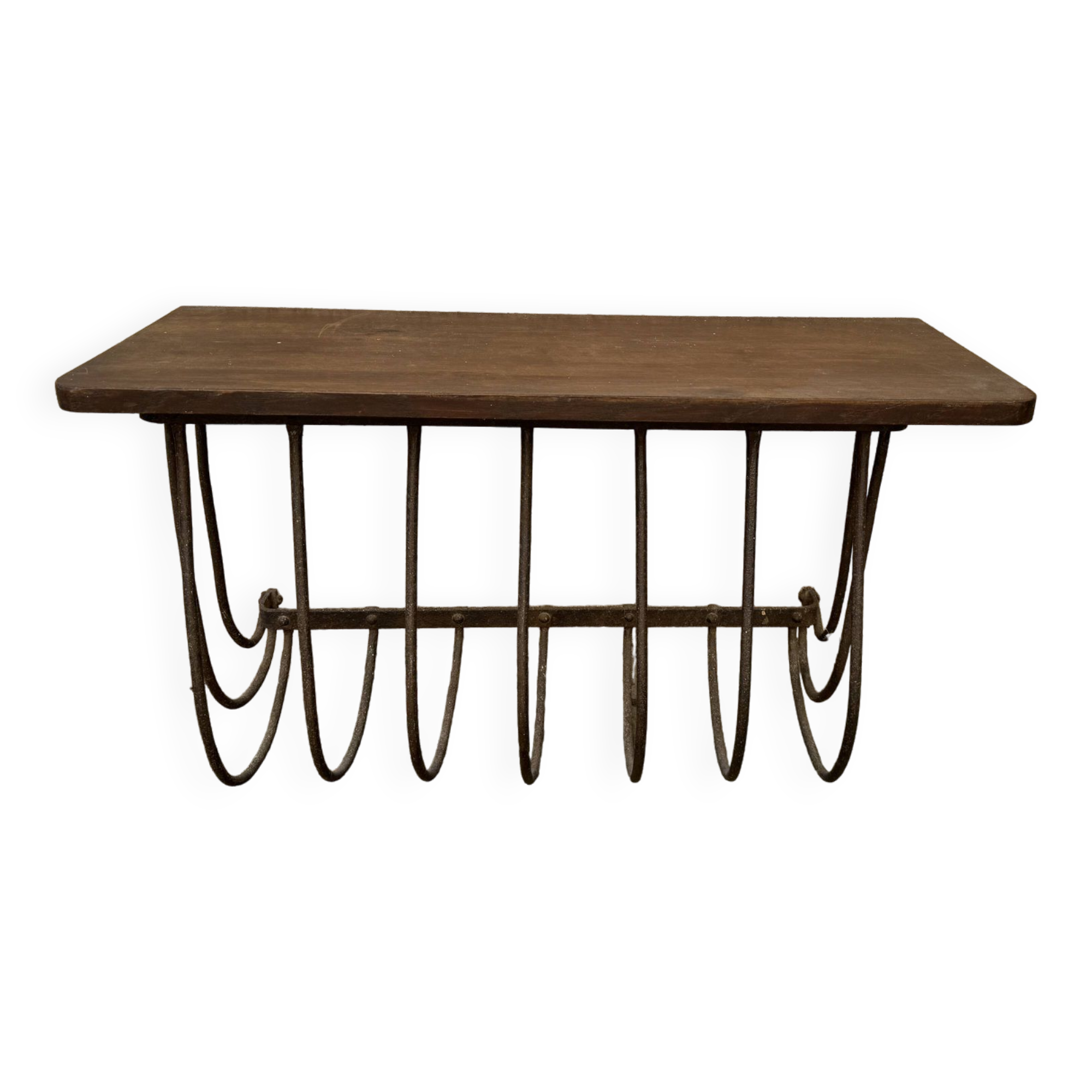 Old iron and wood console measures approximately: height 45 cm length 80 cm, depth 30.5 cm