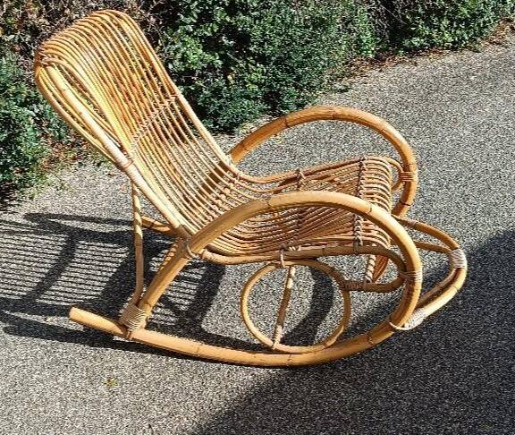 Designer rocking chair in rattan and bamboo from the 1950s/60s