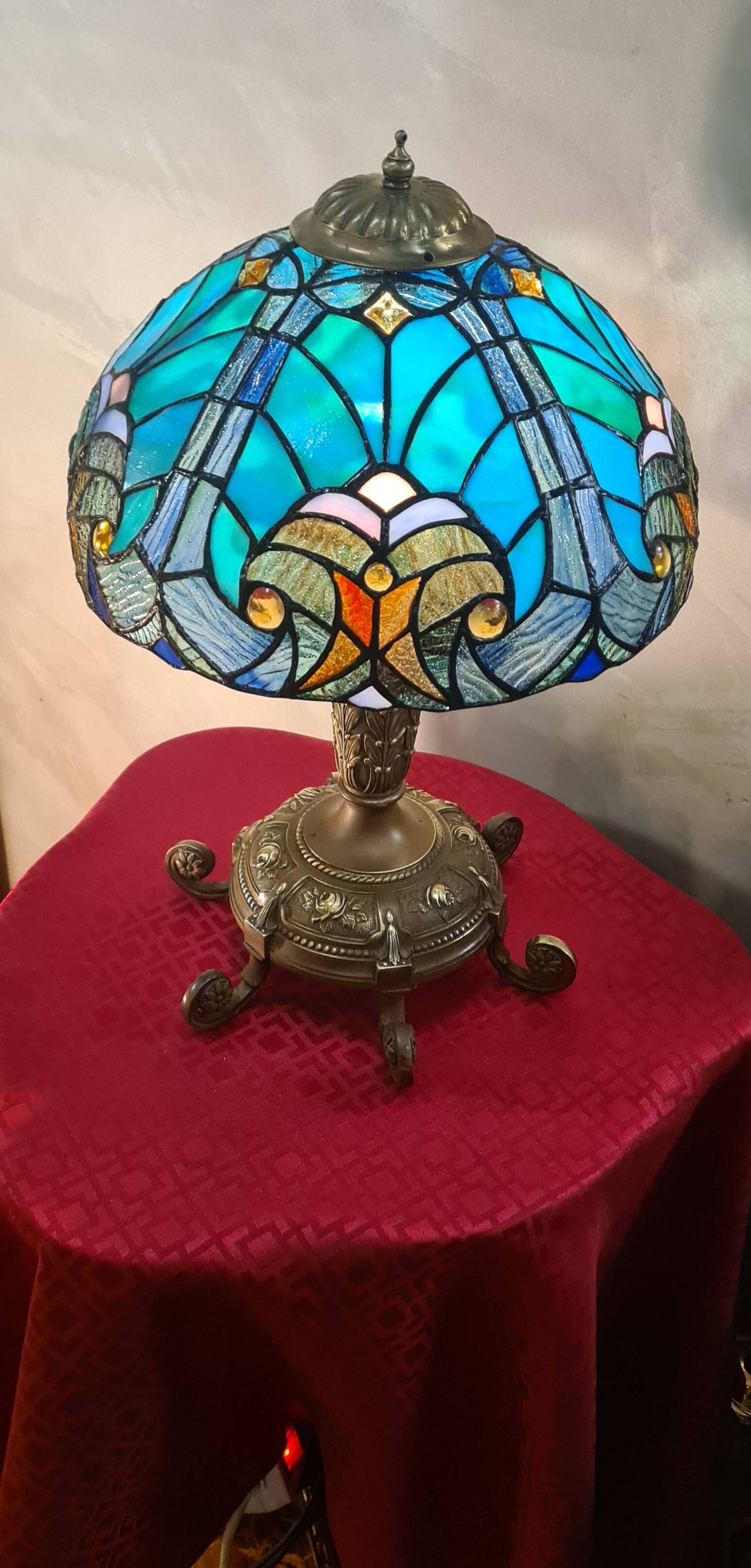 antique solid bronze lamp and glass lampshade 47x32 6kg