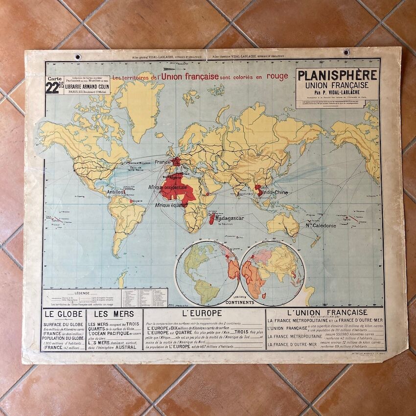 Old school map No.22/22bis Planisphere / French Union Vidal-Lablache - Armand Colin