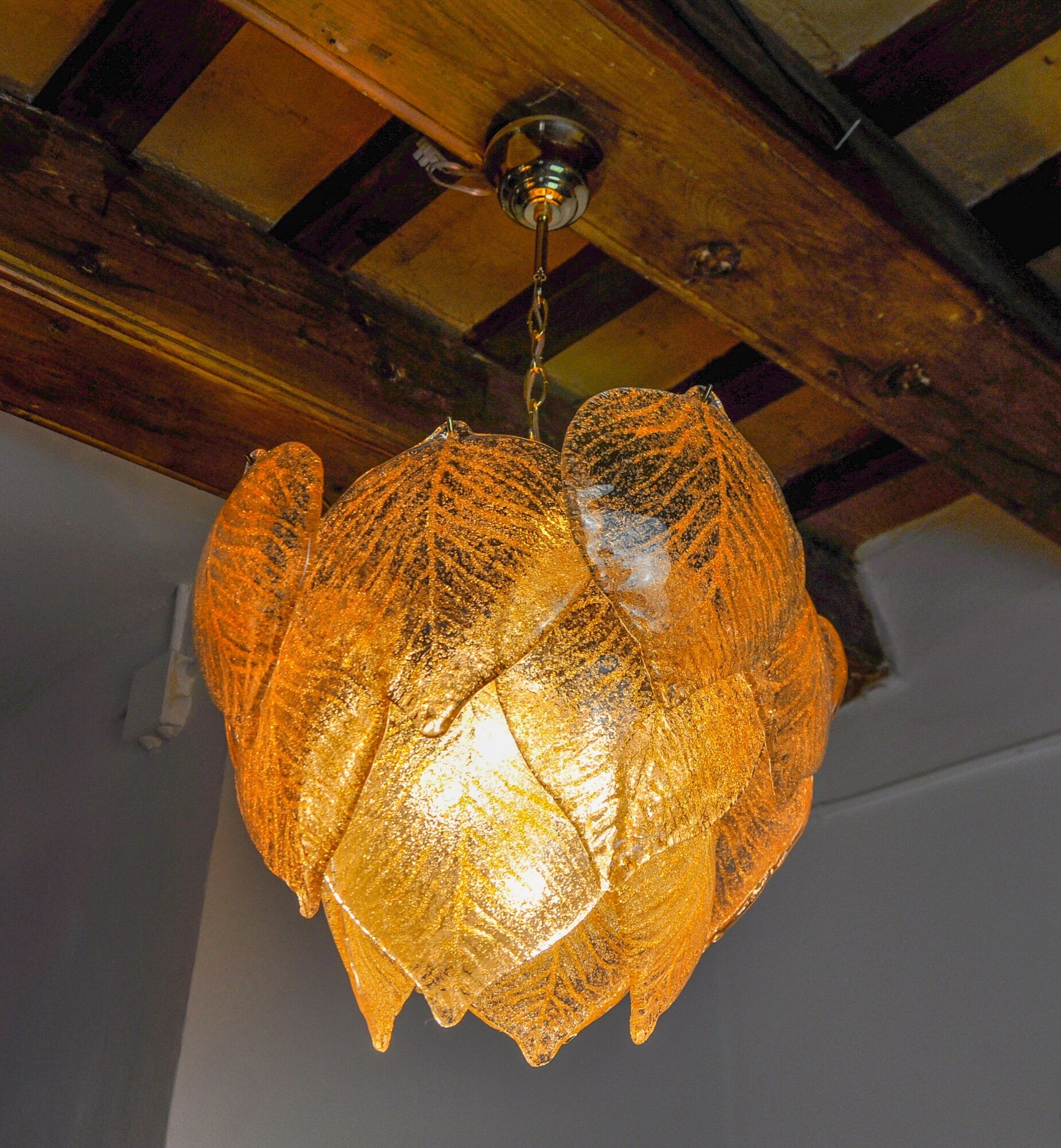 Chandelier leaves Murano Mazzega, gilded frosted glass, italy 1970