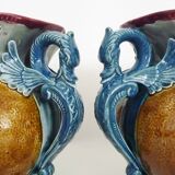 Pair of antique Art Nouveau dragon slip planters