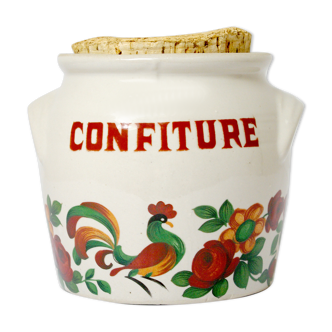 Pot de cuisine en grès rustique lml "confiture" / motif folkorique de fleurs et coq