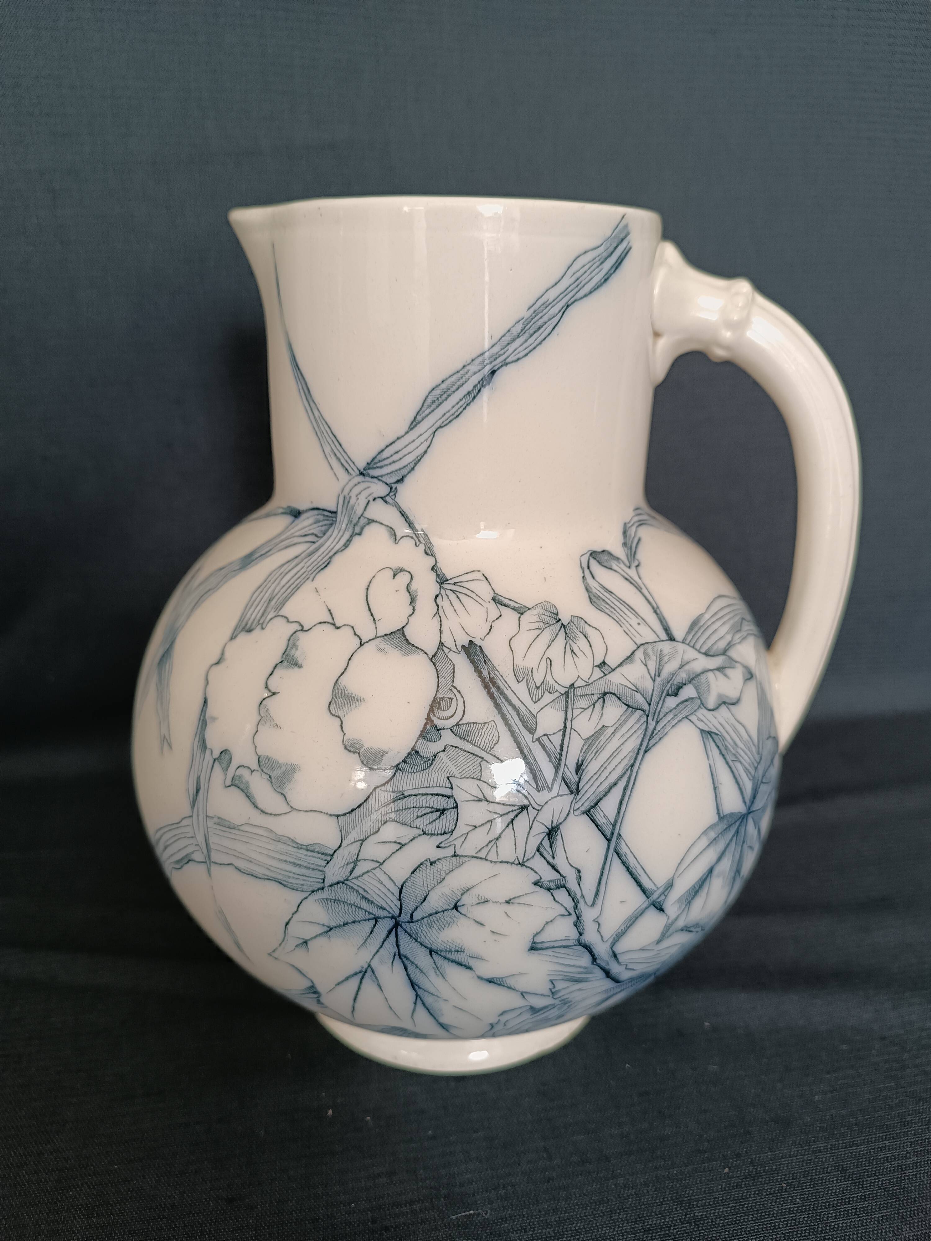 Pitcher jug vase earthenware floral decor blue early 20th century