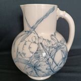 Pitcher jug vase earthenware floral decor blue early 20th century