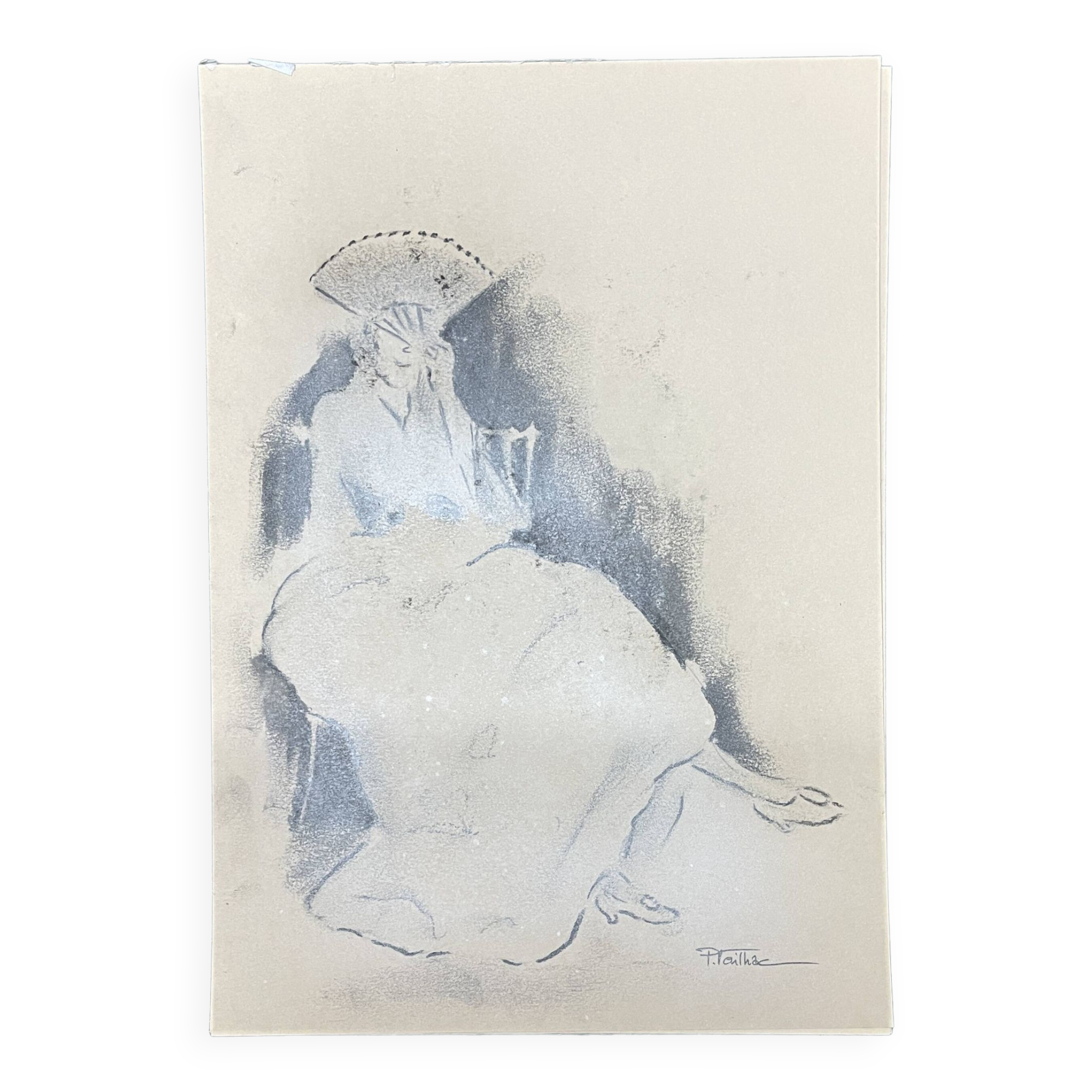Tableau signé fusain « femme à l’éventail »