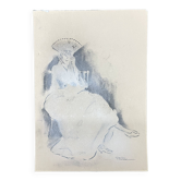 Tableau signé fusain « femme à l’éventail »