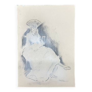Signed charcoal drawing "woman with a fan"