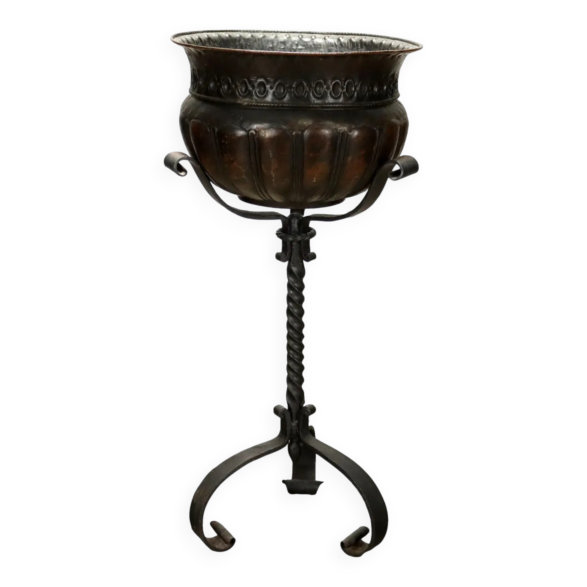 Antique three-legged wrought iron planter with basin, Italy, 20th century