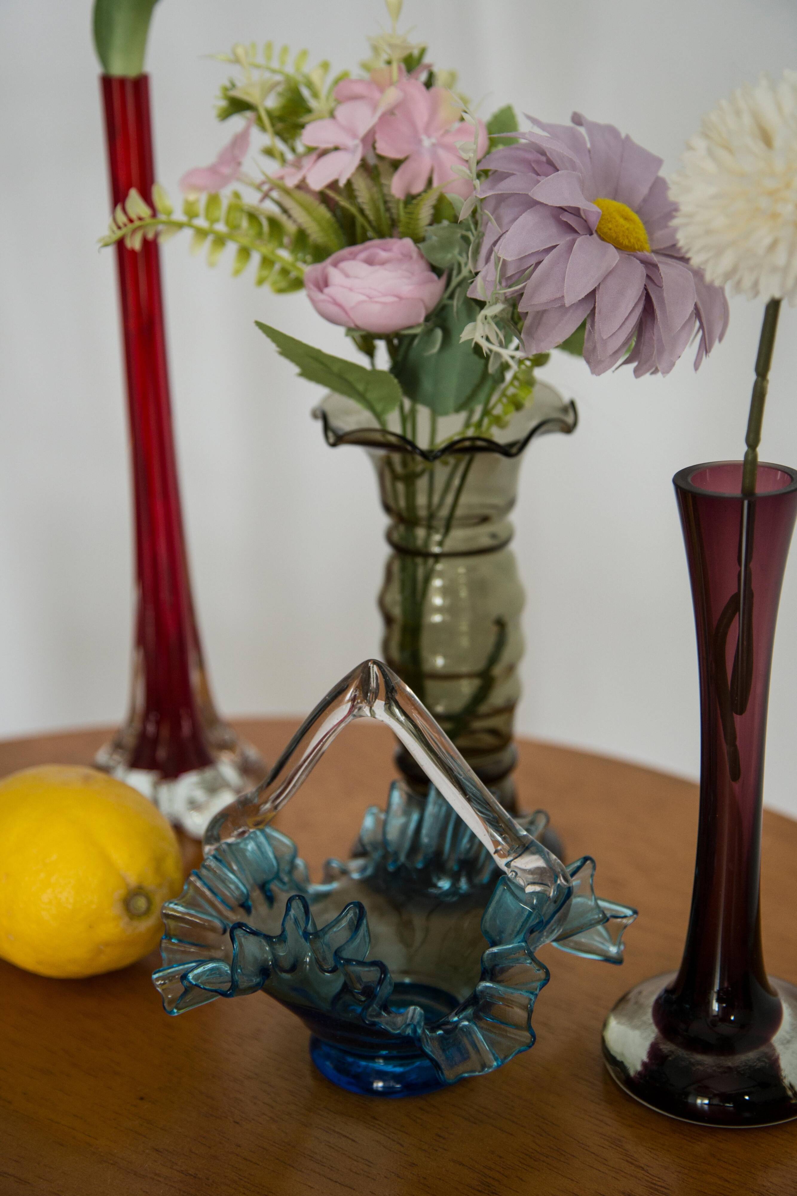 Vintage blue glass decorative basket with frills, Drost, Europe, 1960s