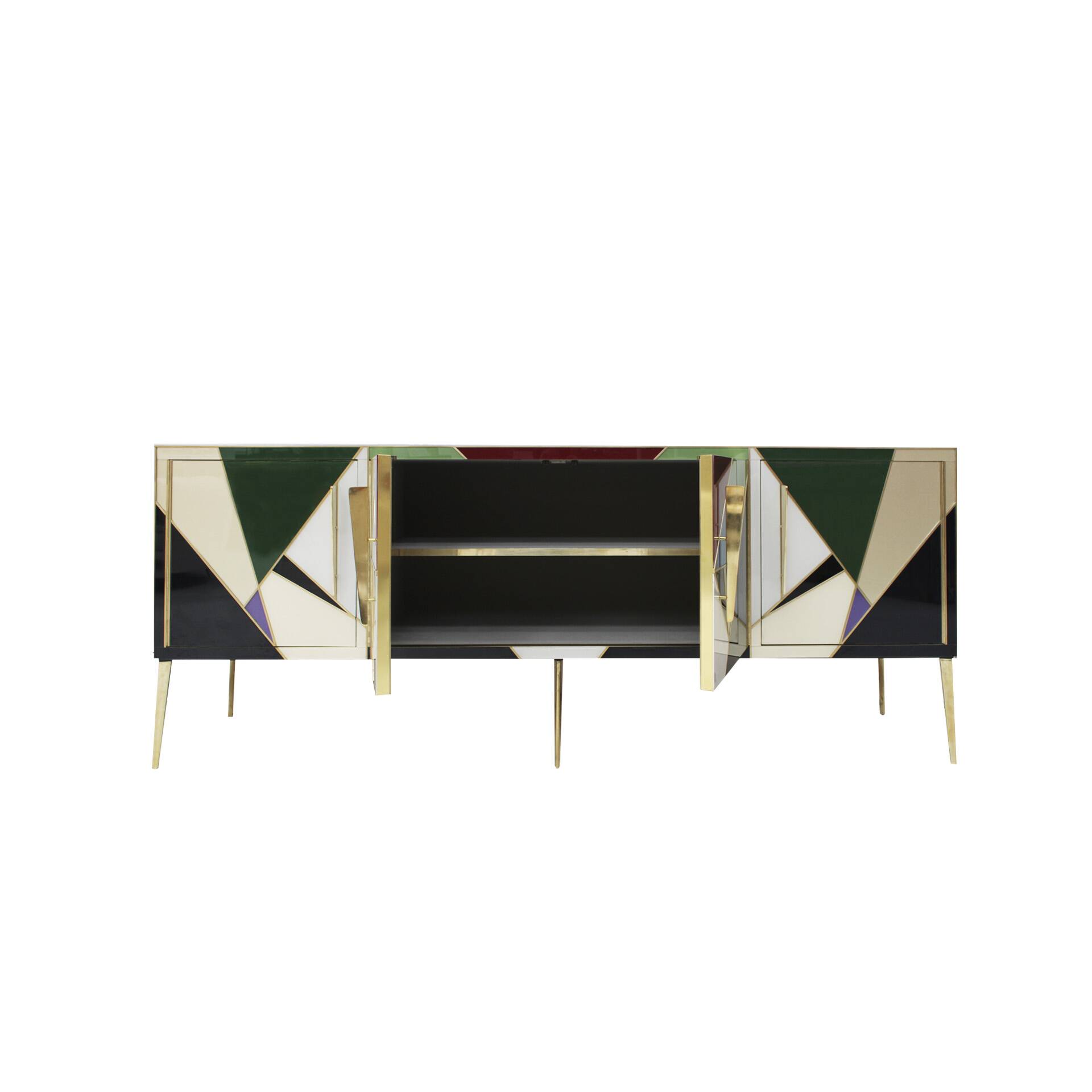 Mid-Century Style Italian Sideboard Made of Wood Brass and Colored Glass
