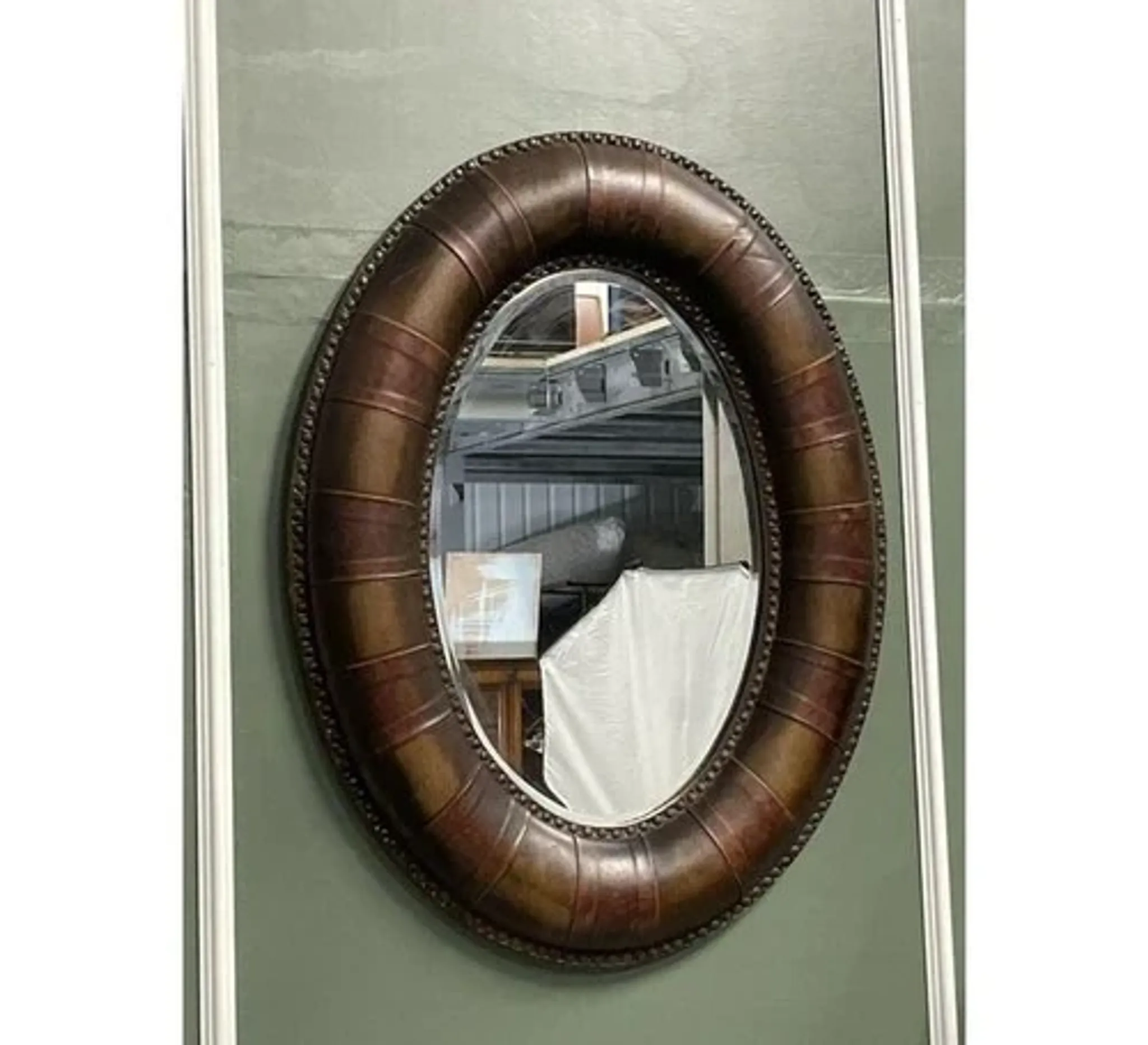 Brown Studded Oval Leather Wall Mirror
