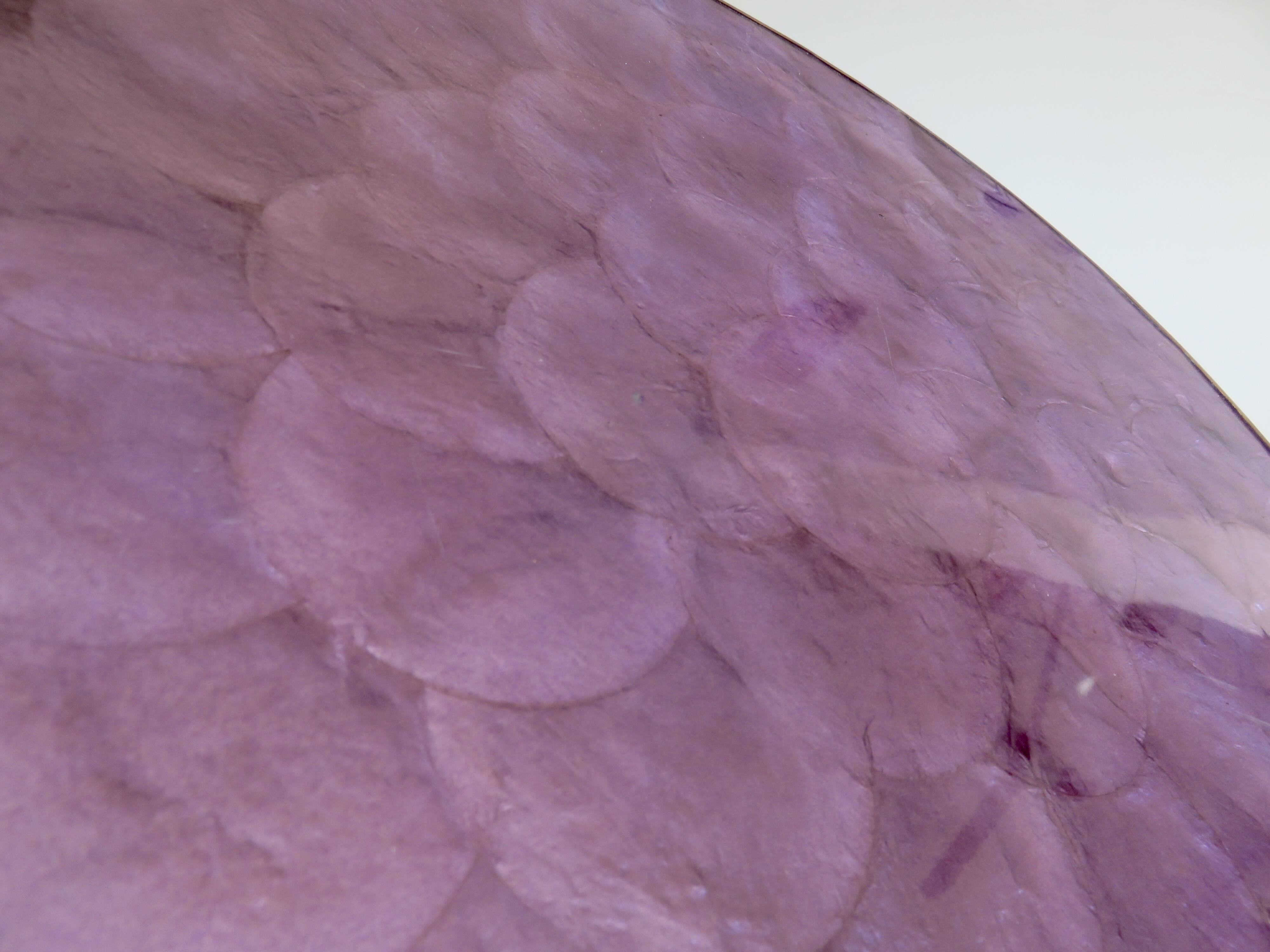 Purple mother-of-pearl trivet, Capiz from the Philippines, brass rim 1970.