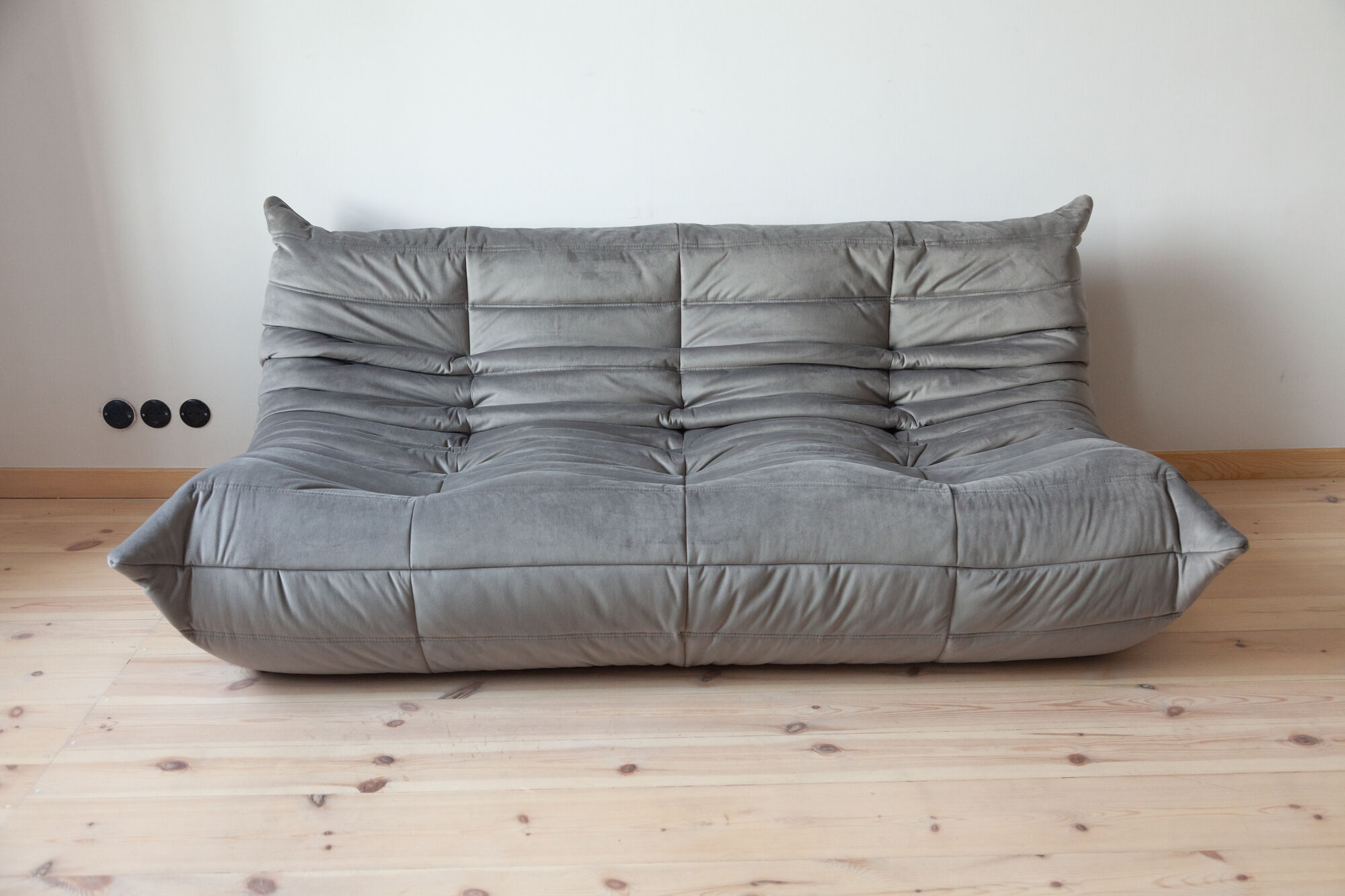 3 seater Togo grey velvet sofa designed by Michel Ducaroy 1973