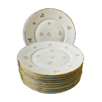 Lot de 11 assiettes en porcelaine blanches avec doré à motif floral- pf berry limoges -vintage - retro