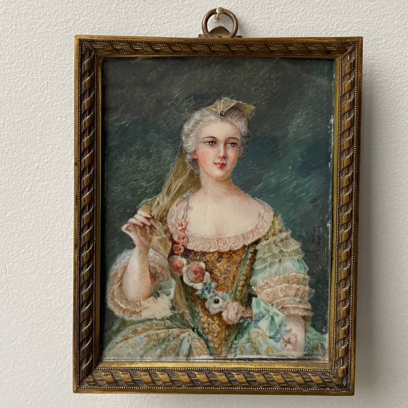 19th-century miniature depicting an 18th-century woman, bronze frame