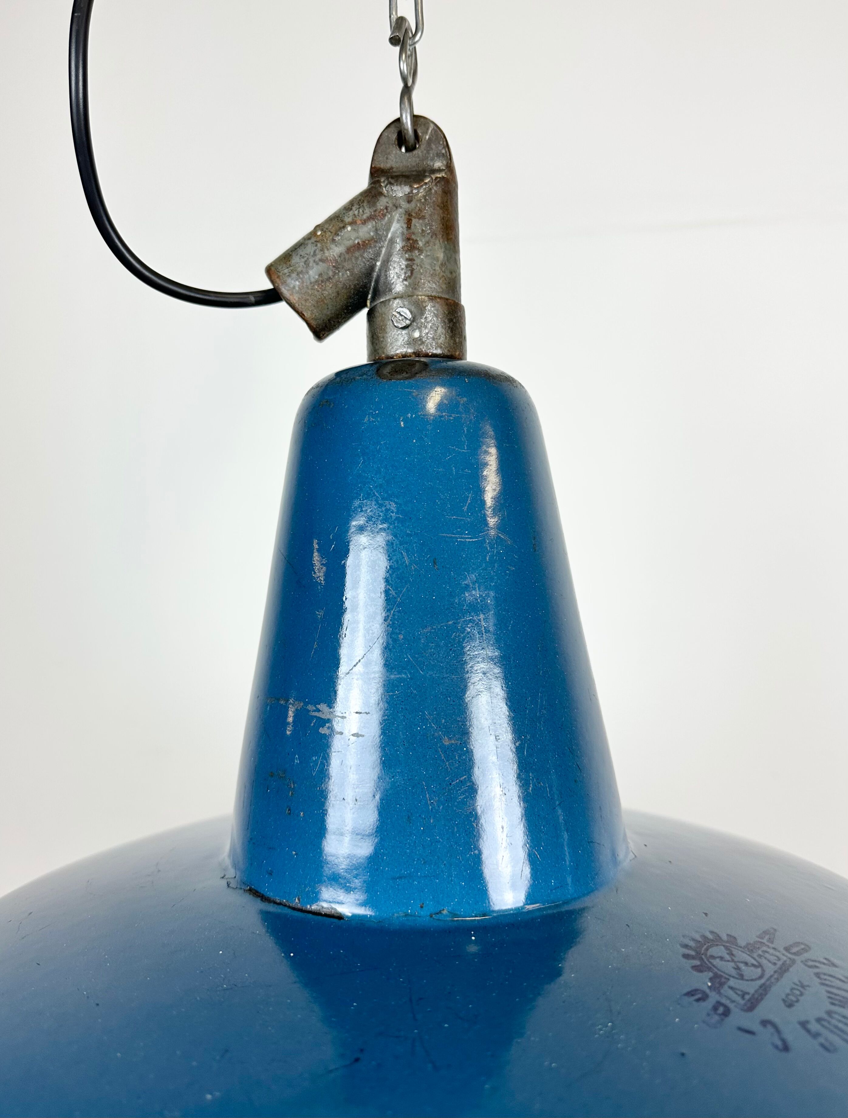 Industrial blue enamel factory lamp with cast iron top, 1960s