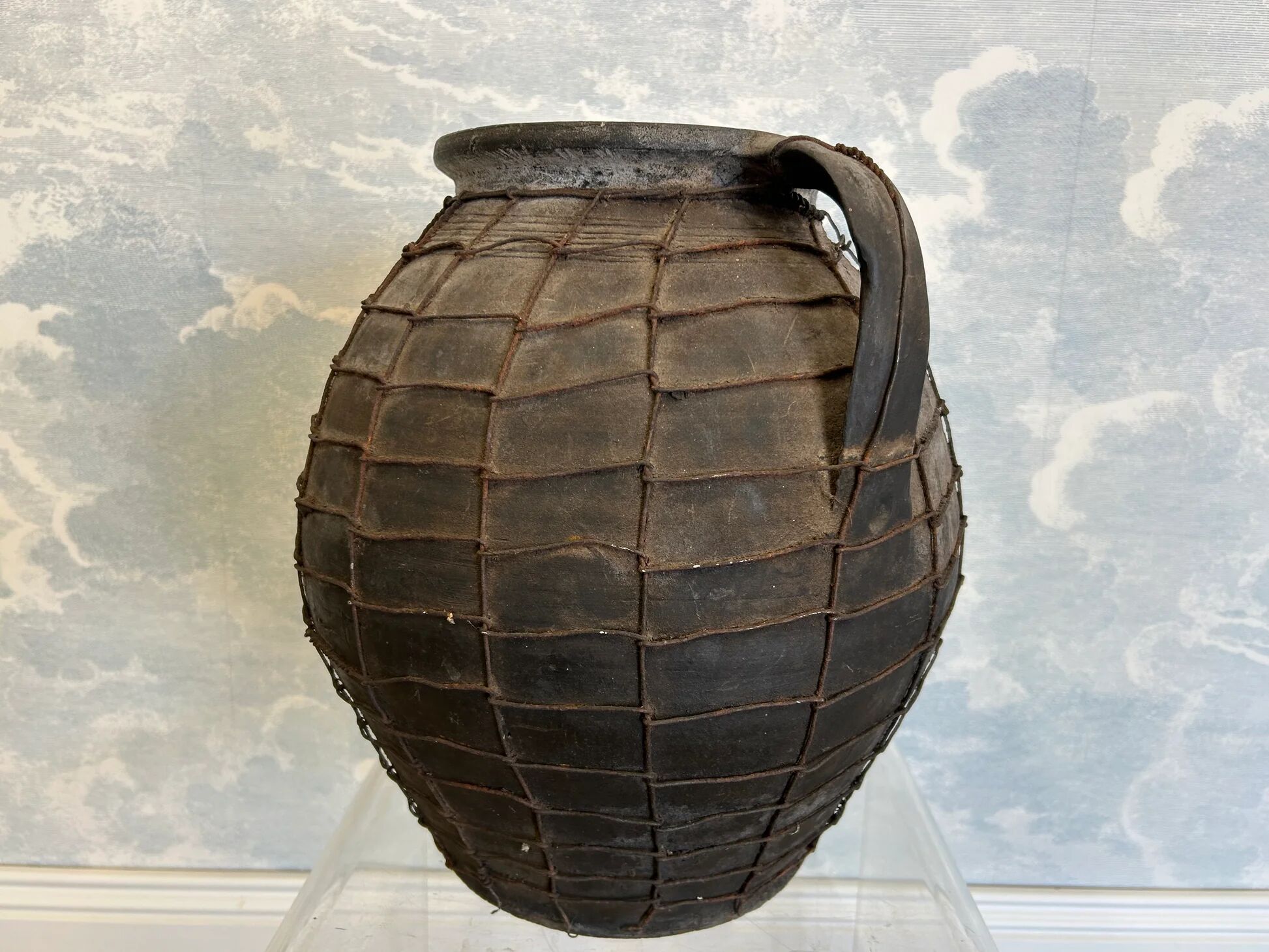 Artisan clay amphora with wire mesh, Romania, circa 1950